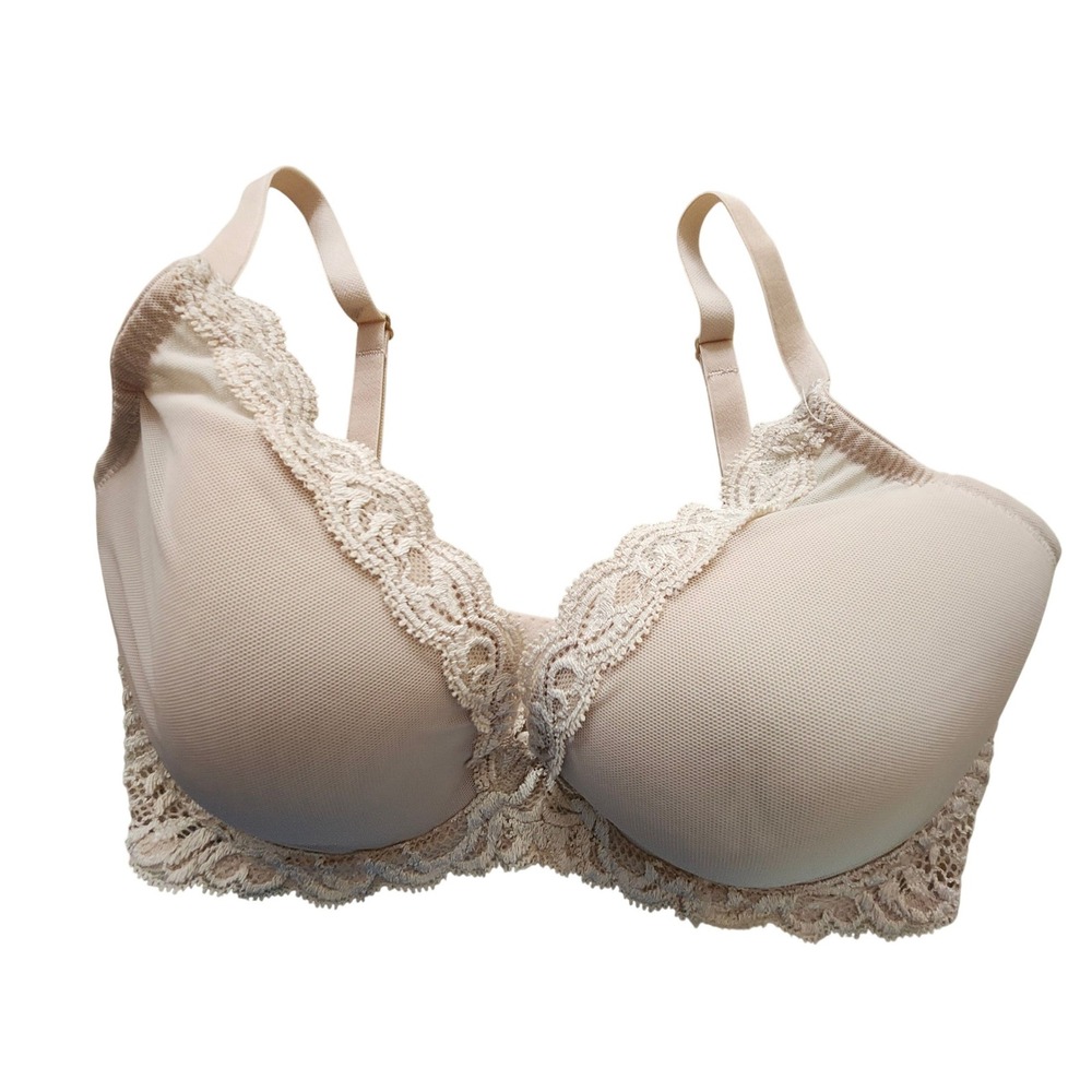 Natori Feathers Contour Demi Plunge Bra 32DDD Beige Lace Trim Underwire 730023